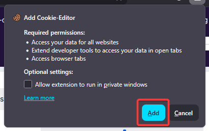 Firefox confirmation dialog for adding Cookie-Editor, Add button highlighted
