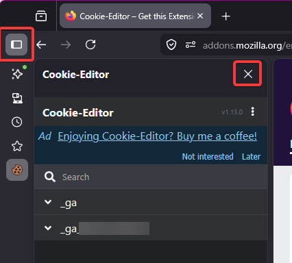Cookie-Editor open in Firefox sidebar, close button (X) and collapse sidebar button highlighted