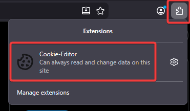 Firefox toolbar with puzzle piece icon and Cookie-Editor highlighted
