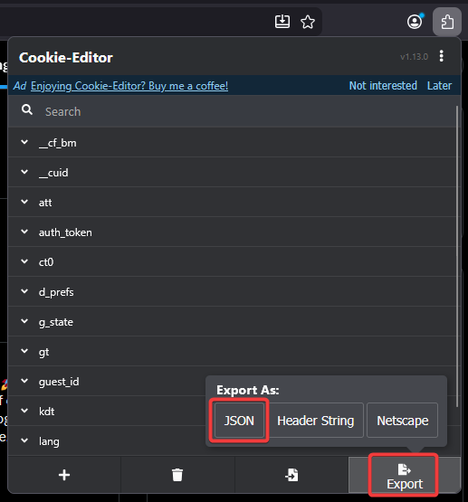 Cookie-Editor open on twitter.com, Export and Export as JSON highlighted