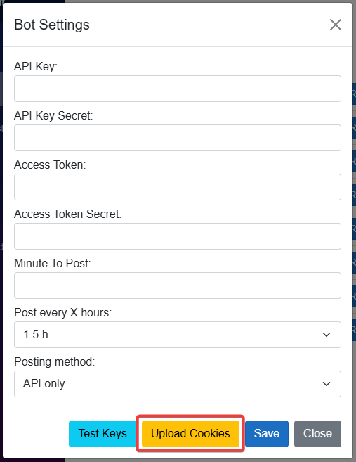 Settings modal open with Upload Cookies button highlighted