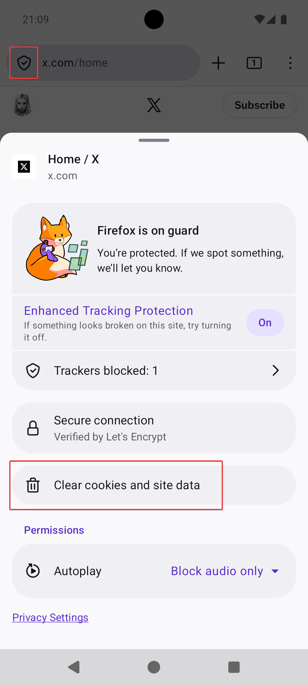 Firefox address bar with shield icon and Clear cookies and site data button highlighted
