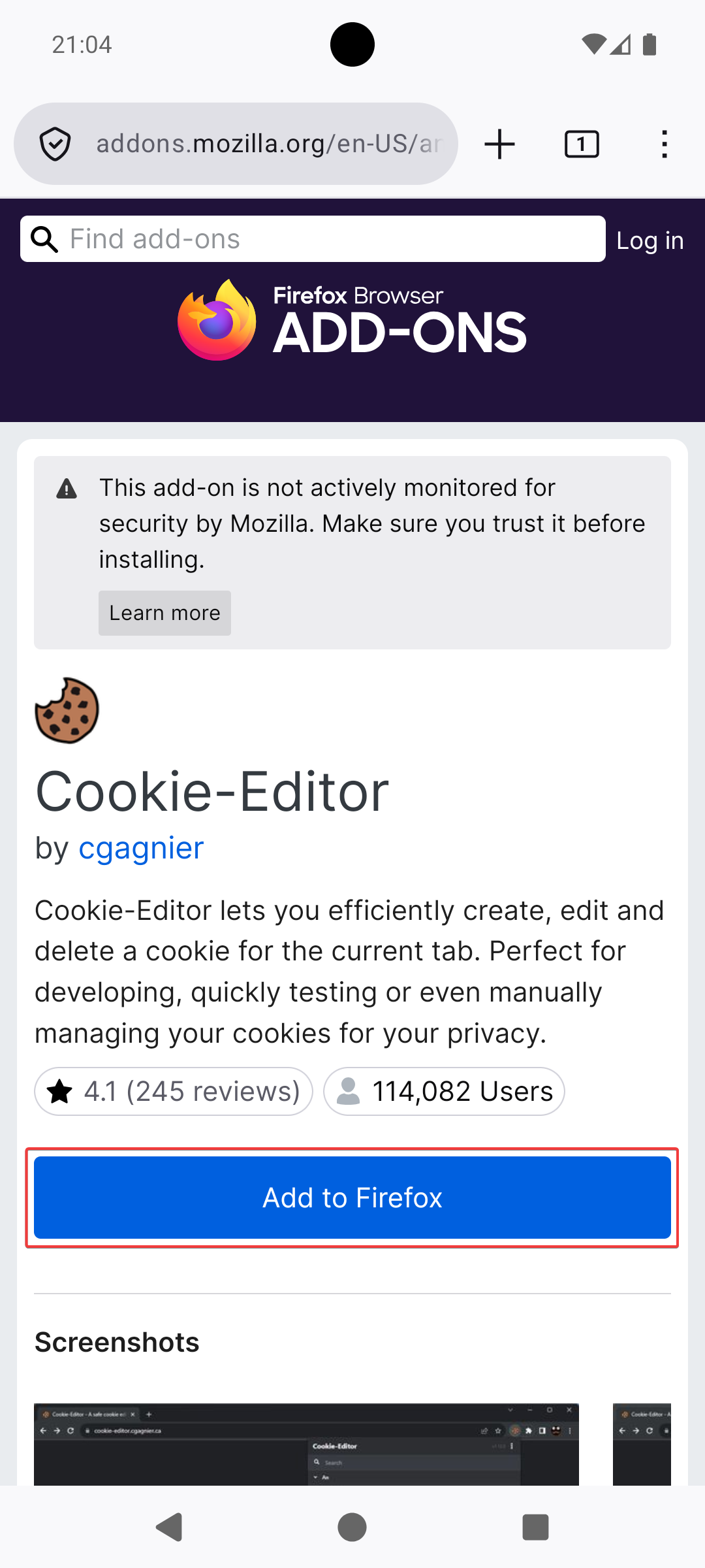 Cookie Editor listing on the Firefox Add-ons page (mobile)