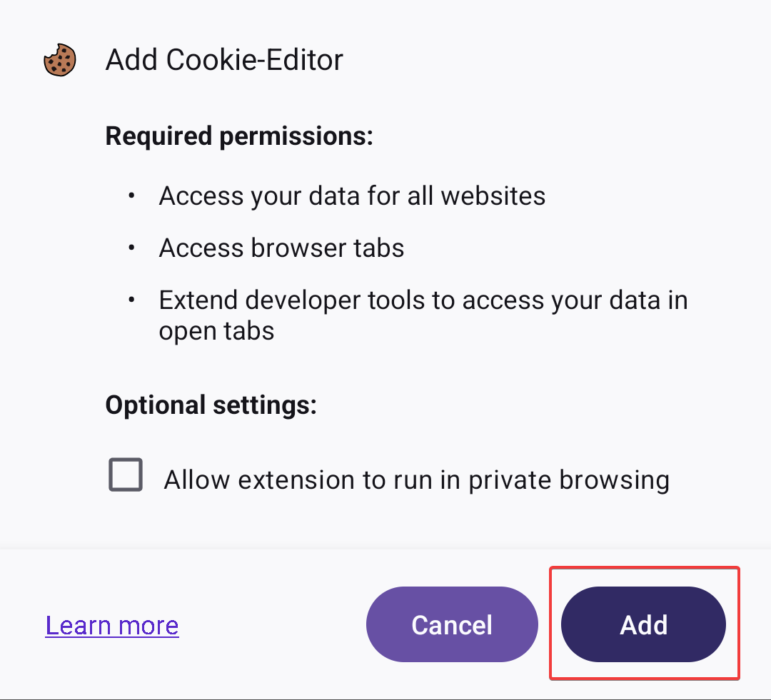 Confirmation dialog for adding Cookie Editor, Add button highlighted