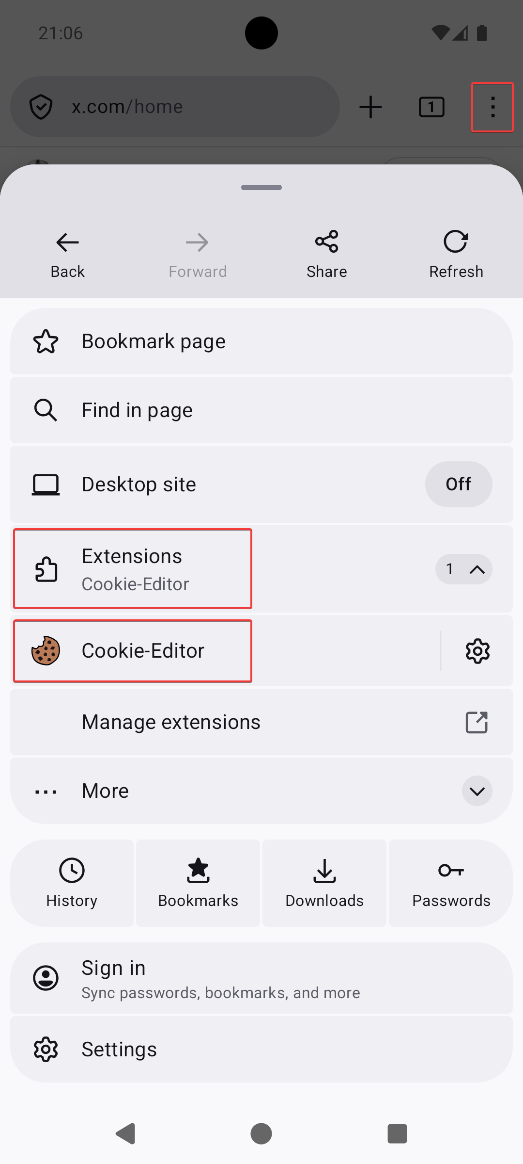 Firefox three-dot menu with Extensions and Cookie Editor highlighted