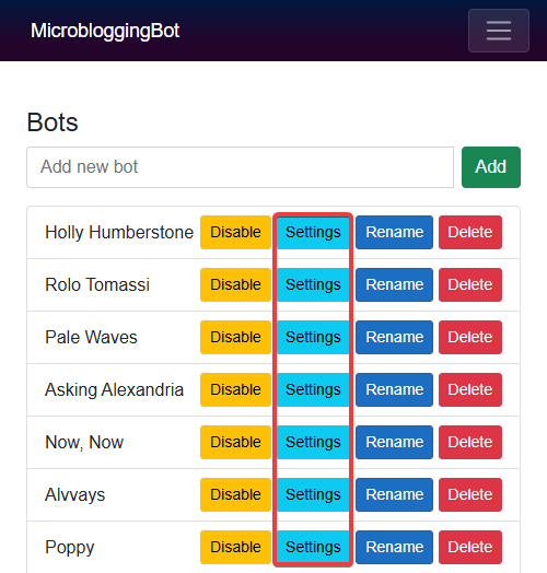 My Bots page with Settings button highlighted