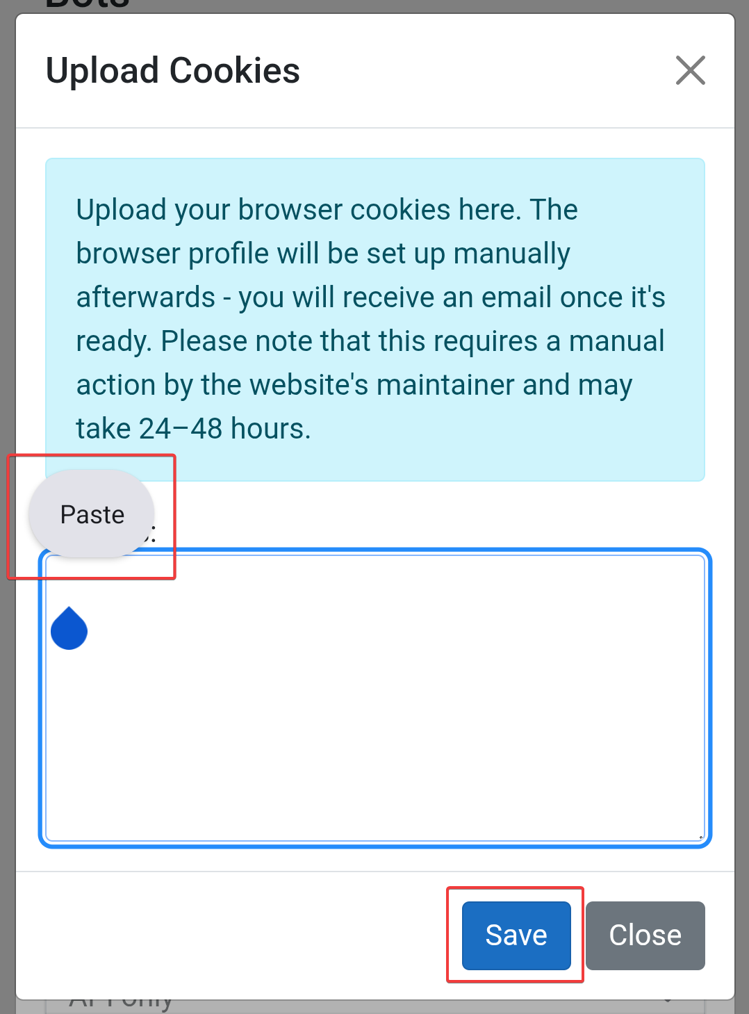Cookies pasted into the text field, Save button highlighted